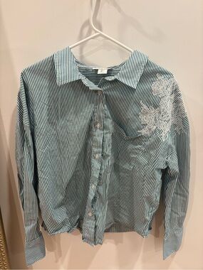 Christian Lacroix Teal Striped Button-Down Shirt with White Embroidery